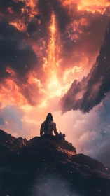 Solitary meditating figure confronts eruptive celestial firestorm