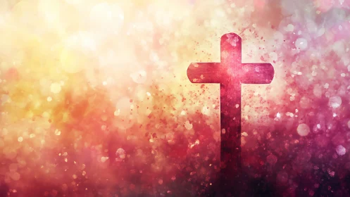 Silhouette cross on abstract bokeh background field.