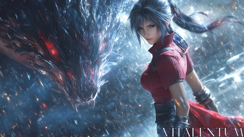 Armored warrior confronting crystalline draconic entity in storm