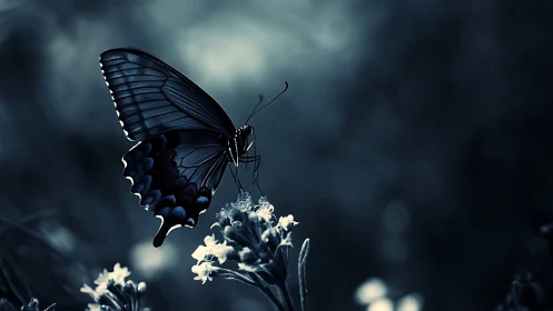 Low-key macro capture of swallowtail butterfly on nocturne flora.