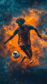 Soccer player performs midair control against dual-color flames