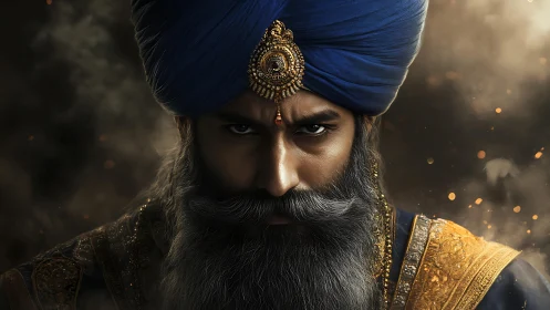 High-fidelity portrait of armored turbaned warrior in embers.