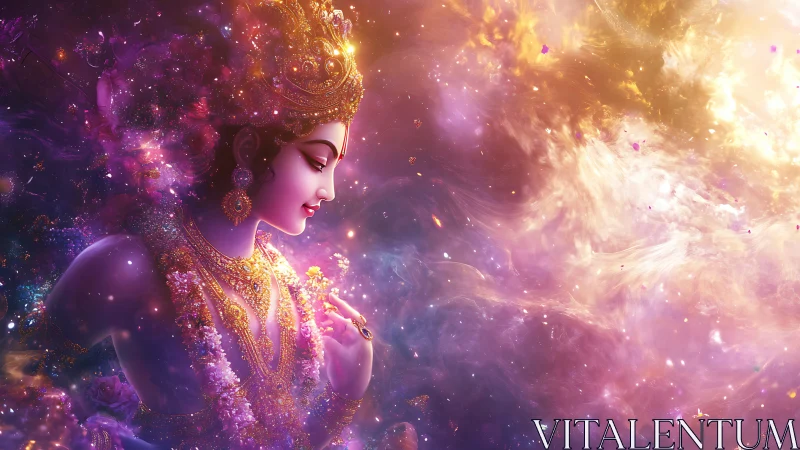 Divine figure in ornate profile within luminous nebula field.