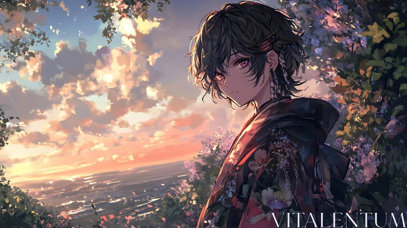 Sunset coast portrait with floral kimono and vivid clouds.