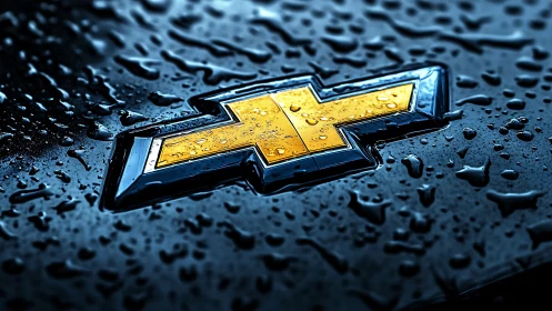 Chevrolet bowtie badge on wet car surface in close detail.