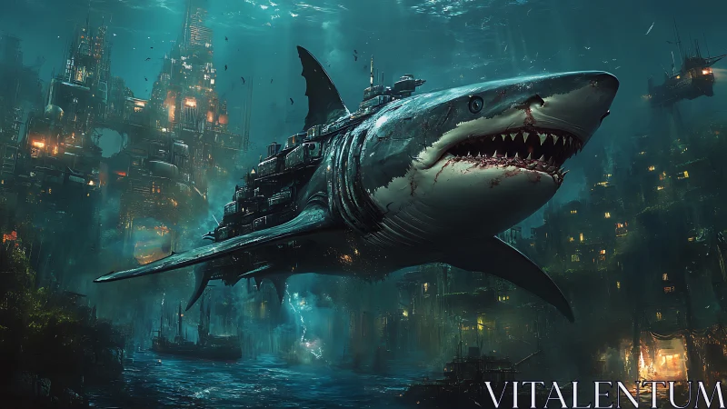 Hybrid mechanical shark submarine moves through dense cityscape