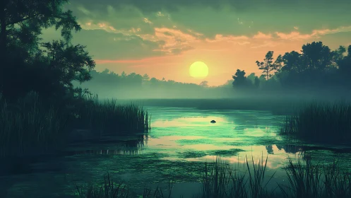 Emerald dusk wetland with reflective misty water surface.