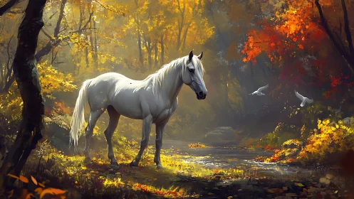 White horse standing in sunlit autumn forest stream scene