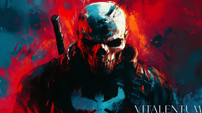 Skull-masked vigilante stands in blazing red-blue inferno