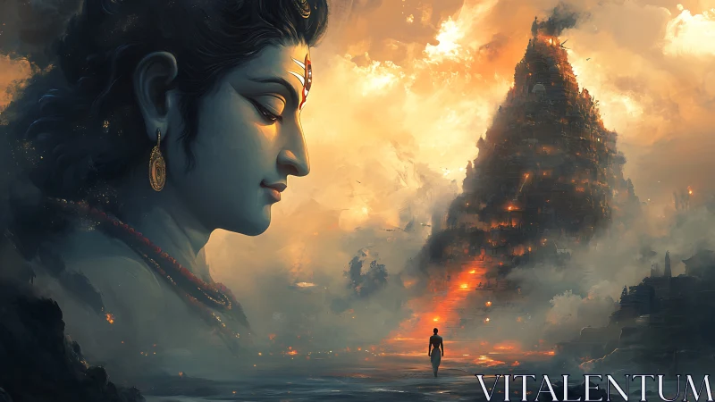 Colossal serene deity watches lone figure approach burning spire