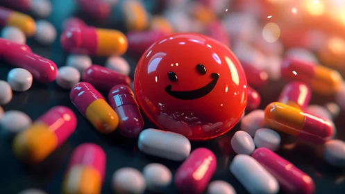 Smiling red capsule sphere amid glowing mood pills.
