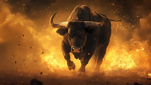 Charging bull engulfed in cinematic inferno of sparks and flame.