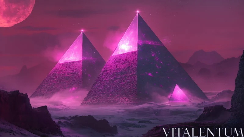 Luminescent alien pyramids emit magenta energy in a void