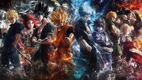 High-intensity anime fighters with elemental energy vortices.