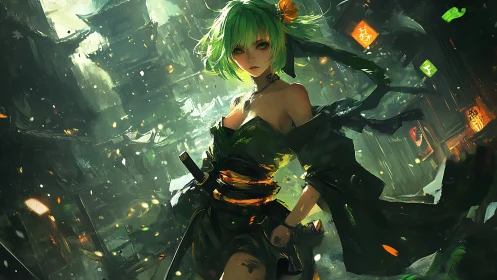 Green haired swordswoman stands in dense illuminated alleyway