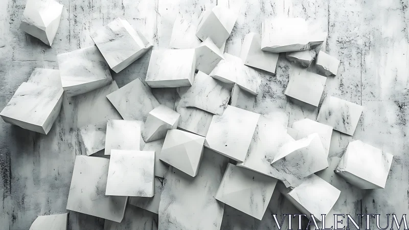 Marble-kissed white cubes drift like quiet tectonic thoughts