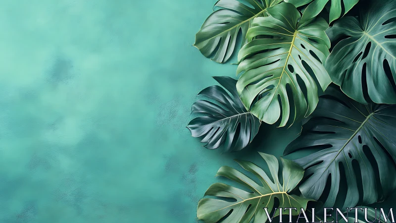Digital painting of monstera foliage on teal textured ground.