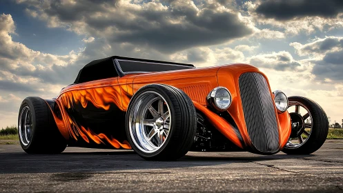 Sunset boulevard hot rod with blazing orange flames.