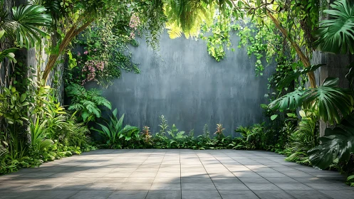 Courtyard jungle hush against a weathered concrete wall.