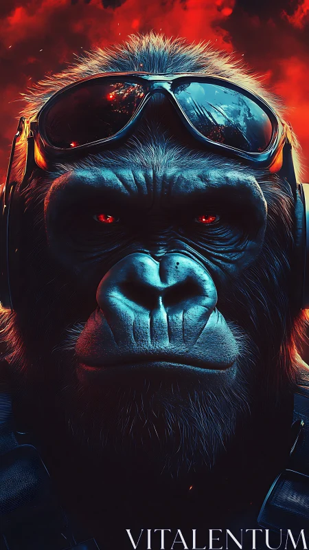 Cyber-enhanced gorilla stares through mirrored combat goggles.