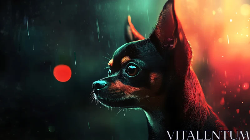 Small black dog in neon rain with intense side profile.