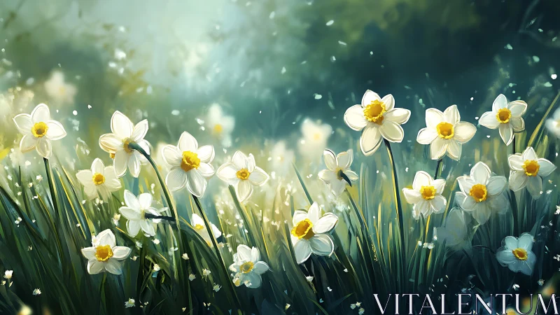 White Daffodils in Spring Meadow with Bokeh Lighting Effects.