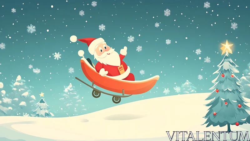 Santa soaring joyfully in sleigh above snowy hills.