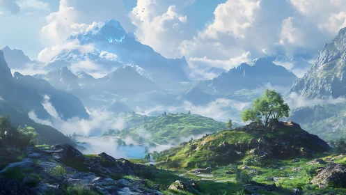 Majestic glowing peak rises over lush valley landscape.