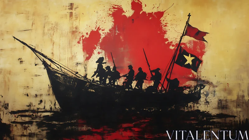 Silhouetted revolutionaries on boat against explosive red field.