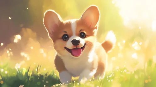 Sunlit corgi comet sprinting through honeyed morning grass.