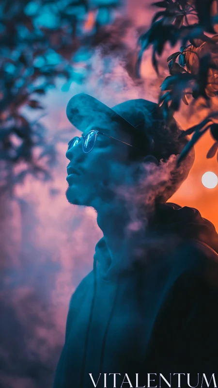 Moody neon portrait in smoke with vivid teal orange glow.