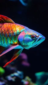 Neon arowana fish glows with prismatic metallic scales.