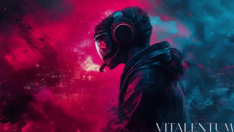 Gamer in headset against neon city split by red and blue.