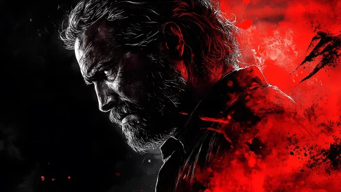 Brooding warrior in red and shadow, caught in quiet resolve.