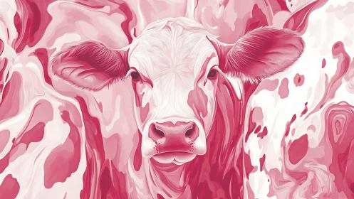 Crimson bovine portrait in swirling abstract marbling.
