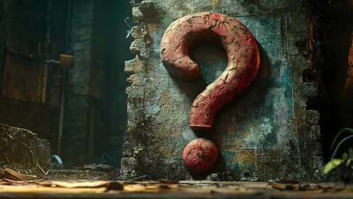 Eroded red question mark embedded in decayed concrete wall.