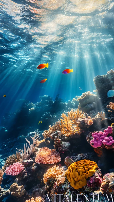 Sunlit coral reef slope with tropical fish and clear water.