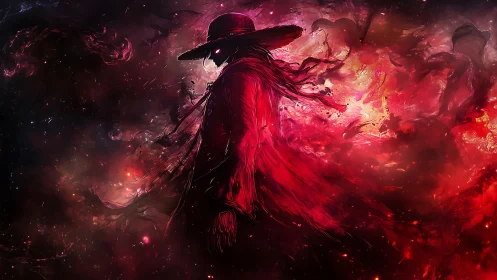 Enigmatic red wanderer drifting through swirling cosmic fire.