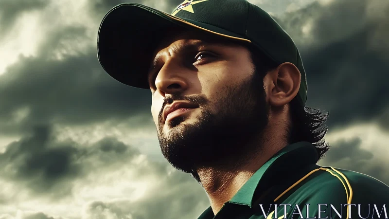 Storm-lit cricketer carves a heroic silhouette in skyward gaze