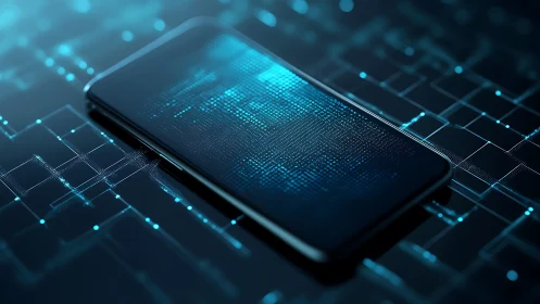 Futuristic smartphone glows with flowing digital data patterns.