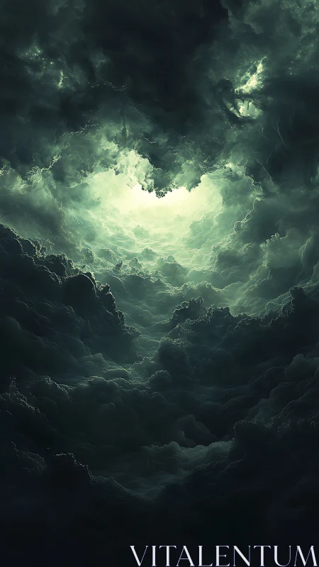 Volumetric storm clouds form a deep atmospheric vortex shaft