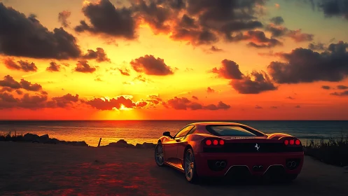 Sunset drive with a red sports car by the glowing sea.