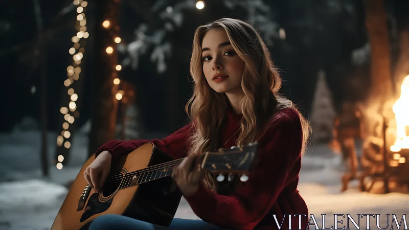 Young woman plays guitar beside winter campfire at night
