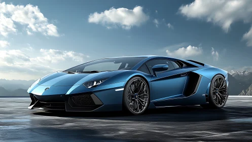 Blue supercar stands on open asphalt under bright sky