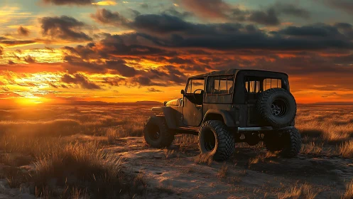 Off-road jeep silhouetted against blazing sunset horizon.