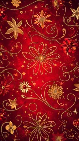 Golden floral swirls shimmer over rich red festive background