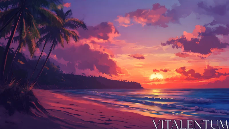 Digital seascape depicts sunset over palm-lined shoreline