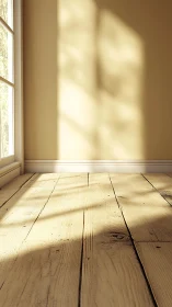 Sunlit wooden floor and wall illuminated through tall window