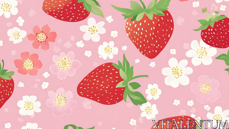 Strawberry pattern pops against soft pink floral backdrop.