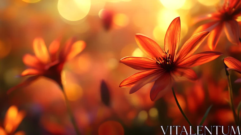 Red and orange daisies with warm bokeh background illumination.
